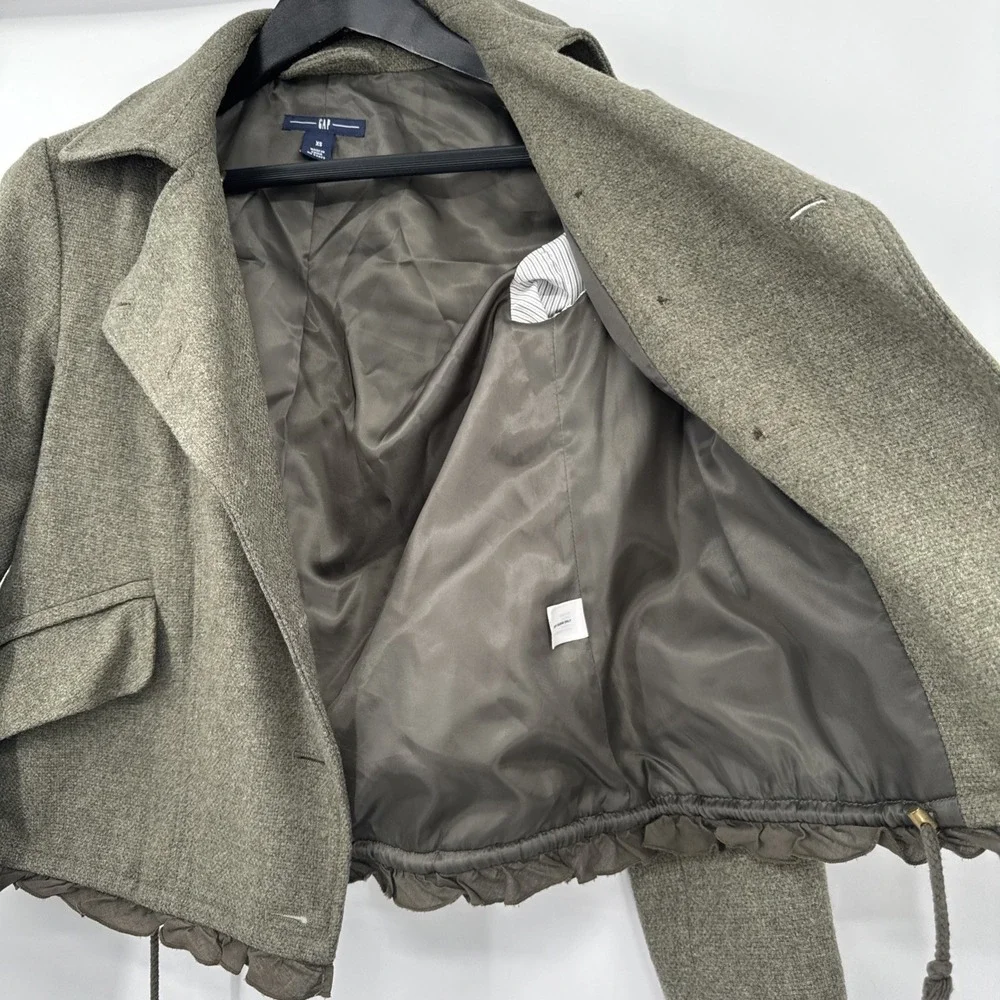 Gap Olive Wool Pea Coat Jacket Women's Size X Small Feminine Ruffle Tie Waist